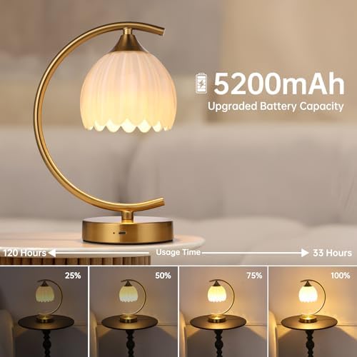 Shenmoyl Tulip Table Lamp, 5200mAh Cordless Touch Control Table Lamp with 3 Color Temps & Stepless Dimming, Rechargeable Battery Table Lamp for Living Room, Bedroom, Office, Shelf (White Tulip) - Image 2
