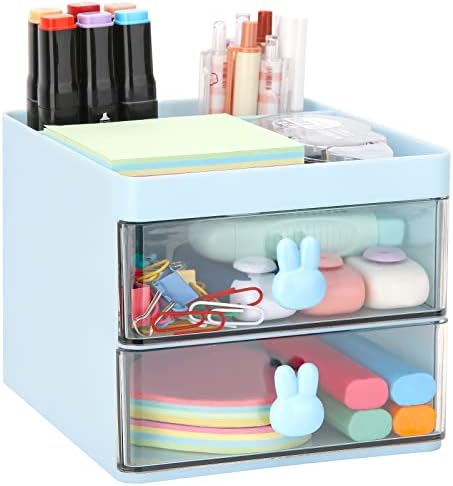 LETURE Small Desk Organizer With Drawer, Office Desktop Storage Box, Business Card/Pen/Pencil/Mobile Phone/Stationery Holder Storage Box, Makeup Organizer for Office School Home (Blue) by LETURE