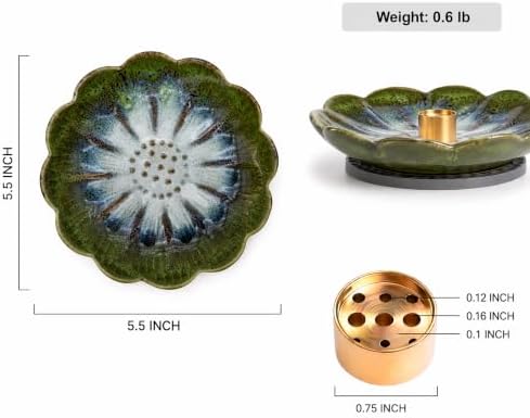 Pinehaven Ceramic Lotus Incense Holder – 5.5 Inch Hand-Sculpted Tray, Brass 9-Hole Insert for Sticks, Palo Santo, Sage & Cones – Japanese Zen Home Décor for Meditation (Green) - Image 3