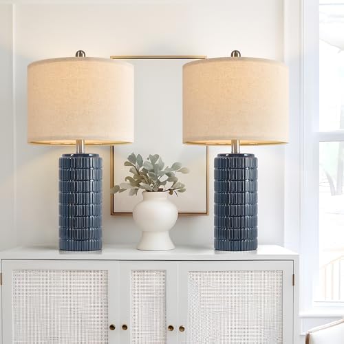 PoKat 23" Blue Table Lamps, Farmhouse Bedside Lamps for Bedroom Set of 2, Ceramic End Table Lamps for Living Room, Traditional Nightstand Desk Lamps, Medium - Image 4