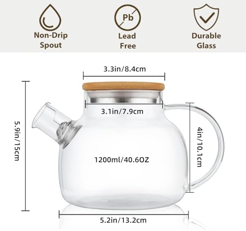 CnGlass Glass Teapot Stovetop Safe,40.6oz Clear Tea pot with Removable Filter Spout,Loose Leaf and Blooming Tea Maker - Image 2
