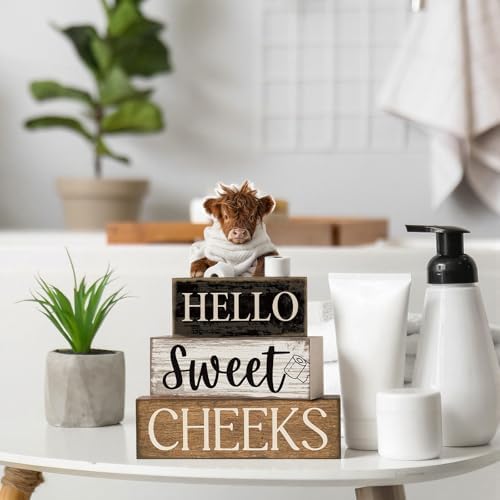 Moucuny 4 Pcs Highland Cow Bathroom Decor Wooden Signs, Farmhouse - Image 4