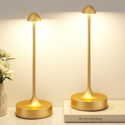 Kakanuo Rechargeable Cordless Table Lamp, Battery Operated Lamps, 3-Color Stepless Dimming, Portable Wireless Desk Lamp, LED Lighting for Dining Room, Restaurant, Office, Bar, Home(Gold 2 Pack) by KakanuoLightings