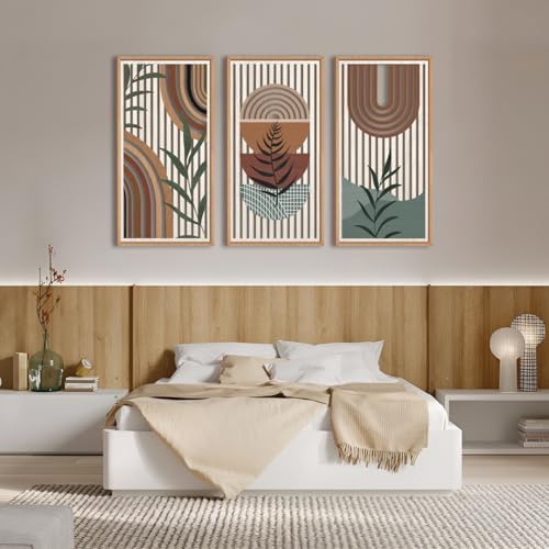 IARTTOP Framed Boho Mid-Century Modern Wood Wall Art 16x32 Inch Large Bohemian Abstract Geometric Wooden Wall Decor Minimalist Brown Green Plant Decor for Bedroom Living Room Dining Room Set of 3 - Image 3