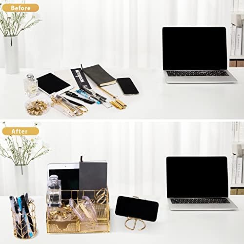 KAAKOW Gold Desk Organizers and Accessories Office Supplies Set Stapler, Pen Holder, Phone Holder, Scissors, Pen, Ruler, 30 Paper Clips, 22 Binder Clip, 20 Tacks and 1000pcs Staples (Gold) - Image 7