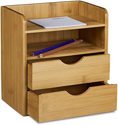 Relaxdays Desk Organiser, Bamboo Storage System for Organizing Your Office Desk with 2 Shelves and 2 Removable Drawers Storage Box for Letter Filing for Work, Natural Brown by Relaxdays