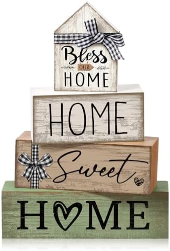 Moucuny 4 Pcs Wooden Farmhouse Table Decor Rustic Home Sweet Home Stacked Blocks Decoration Farmhouse Tiered Tray Decor Decorative Eucalyptus Block Signs Bless Gift for Kitchen Shelf Coffee Table by Moucuny