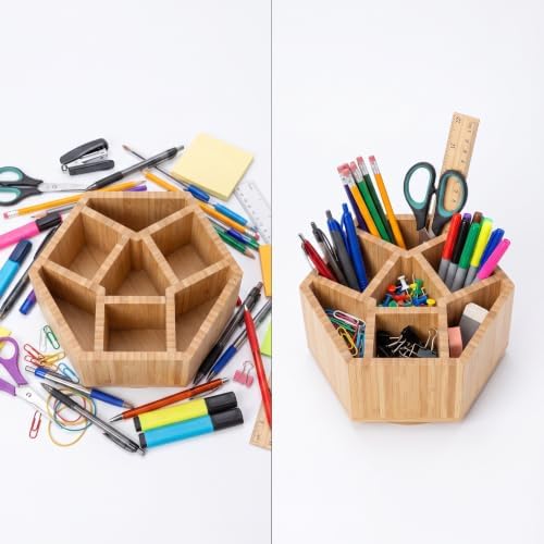 360° Rotating Bamboo Desk Organizer, Hexagonal - Image 4