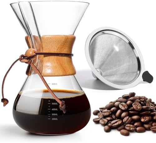 Pour Over Coffee Maker 27 OZ, 8 Cup Borosilicate Glass Drip Coffee Maker with Reusable Stainless Steel Filter and Cork Grip for Home Café 800 ML by Yopinmall