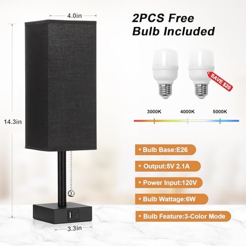 Set of 2 Black Bedside Table Lamps for Bedroom - Nightstand Lamp, USB C+A - Image 3