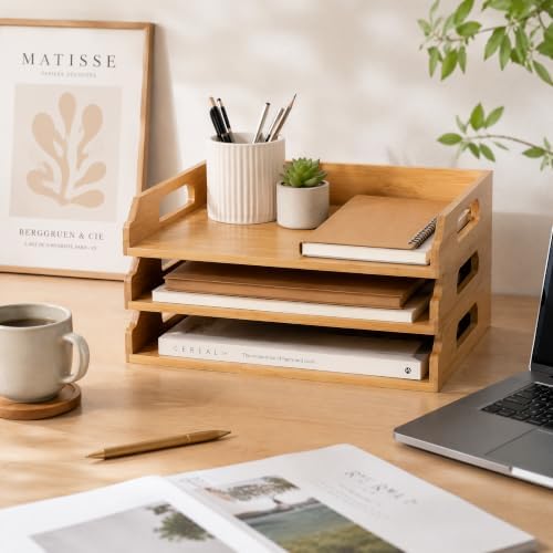 Okllen 3 Pack Stackable Paper Trays, Bamboo Desk Letter Tray Set, 3 Tier File Document Organizer Tray for A4 Paper, Magazine, Receipts, Office Supplies - Image 7