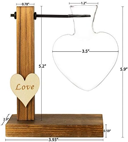 Kingbuy Hydroponic Glass Vase Vintage Desktop Plant Terrarium Planter Bulb Vase Water Planting Propagation Vase Planters Hydroponics Plants with Retro Wooden Stand Home Garden. (D(1 Heart Vase)) - Image 6