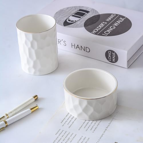 Aesthetic Desk Organizer Set of 2 For Office, Ceramic Pen Holder and Paper Clip Holder Dispenser, Cute Pencil Cup Pot for Desk, Desktop Accessories, Office Decor for women men Ideal Gifts (White Set) - Image 4