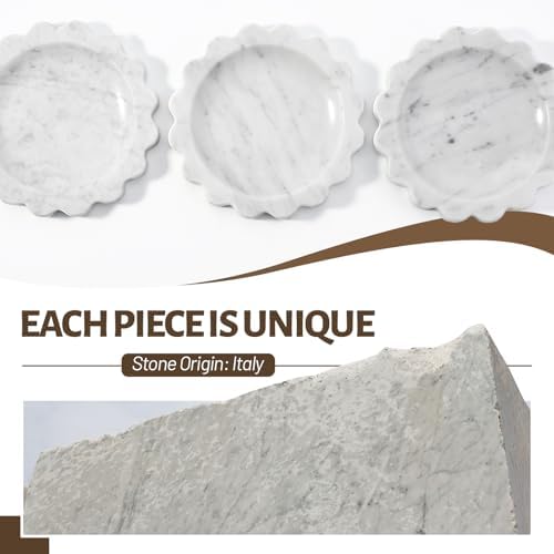 Koville 5.51" Scalloped Marble Tray, Round Stone Jewelry Trinket Dish for Ring, Natural Small Marble Tray for Bathroom Kitchen Dresser Countertop, Decorative Candle Tray(Bianco Carrara) - Image 3