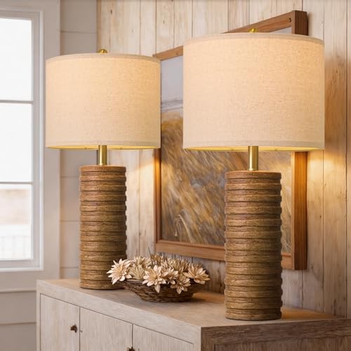 PoKat Farmhouse Table Lamps Set of 2 for Living Room, 27'' Tall Retro Ceramic Bedside Lamps with Linen Lampshade for Bedroom, Vintage Wood-Like Rustic Nightstand Lamp Office Sideboard Hallway (Brown) by Pokat
