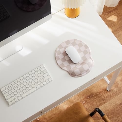 Ohocut Beige Khaki Checkered Mouse Pad with Gel Wrist Rest, Wrist Support, Ergonomic Desk Accessories for Women, Office Laptop Gaming Decor, Cute Aesthetic Check Design - Image 2