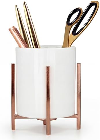 Pen Cup Holder for Ladies, Desk Pencil Holder for Women, Cute Makeup Brush Holder, Large Ceramic Cup with Rose Metal Frame, Office Desk Supplies for Women by MONOSUGO
