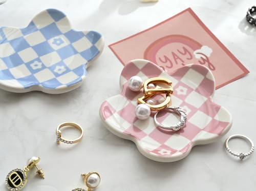 Pink Checkered Jewelry Dish, Cute Flower Trinket Tray for Rings & Earrings, Trendy Teen Girls Birthday Gifts, Aesthetic Room Decor for Nightstand Vanity Bathroom Sink & Dorm Desk, 3.8" - Image 4