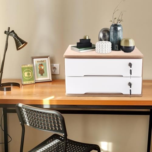Wooden Desktop Storage Box with Lockable Drawers, Flat File Cabinet Drawer Desktop Storage Box, Countertop Storage Cabinet for Office Home Toiletries Supplies Vanity (natural wood+white, 2 Drawer) - Image 5