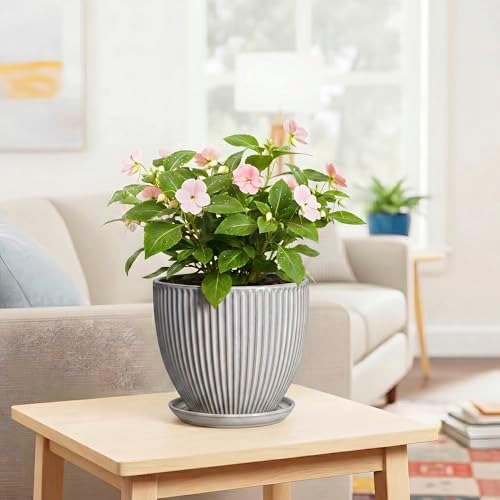 Ceramic Planters for Plants, 8 Inch Flower Pot with Drainage Hole and Saucer, Round Plant Pots for Indoor Plants, Modern Decorative Planter, Home Garden Decor, Gifts for Plant Lovers, Grey - Image 6