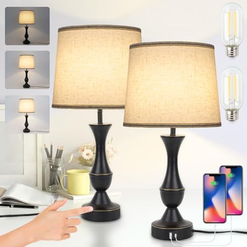 LALISU Touch Table Lamps Set of 2, Farmhouse Table Lamp with USB Charge by LALISU