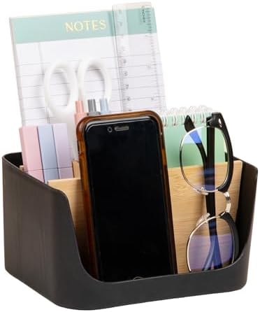 Mind Reader 5-Compartment Desktop Organizer, Adjustable Caddy, Plastic and Wood, Black by MindReader