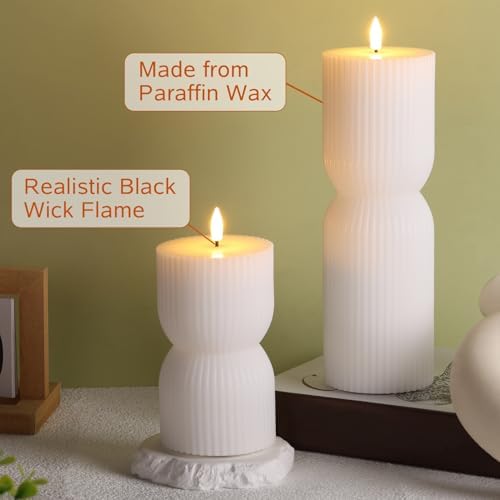 White Ribbed Flameless Pillar Candles with Remote Set of 2 - Image 6