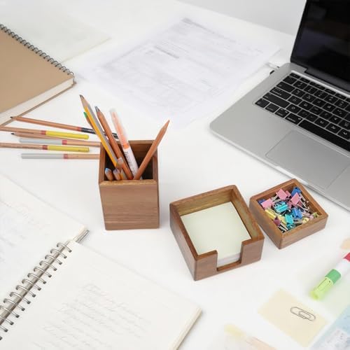RAWILL 3 PCS Brown Wooden Desk Organizer Set Pine Wood Office Desk Accessories with Pen Holder, Paperclip Storage and Sticky Note Holder, Wood Grain Clear, Ideal Gift for Office and Family - Image 4