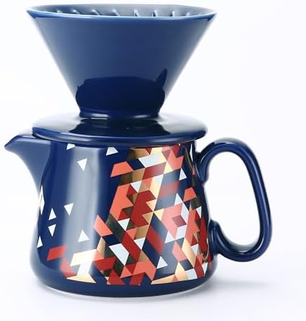 Pour Over Coffee Maker, Ceramic Coffee dripper with 100 pcs Paper Filter, Ceramic coffee Server with Lid, 15.5oz/450 ml, Suitable for 1-2 people (Blue) by Polydremio