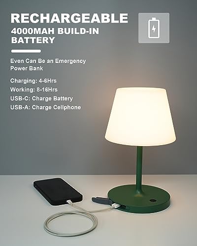 WEILAILUX Outdoor Battery Operated Table Lamp Waterproof, 4000mAh Cordless Table Lamp Rechargeable, Touch Dimmable Desk Lamp, LED Night Light for Patio Camping Restaurant Home, H9.6in, Green - Image 5