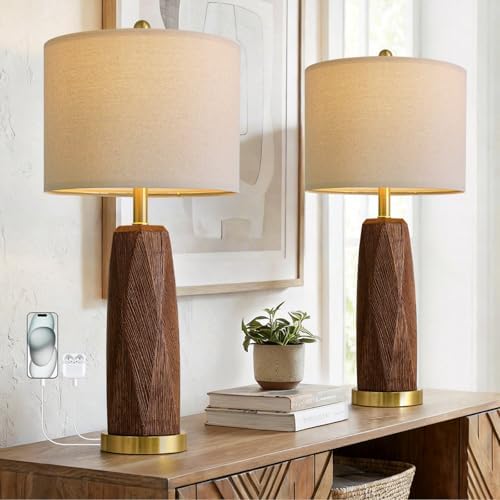 BOBOMOMO 27.5" Table Lamps Set of 2 with USB-A & USB-C Charging Ports, Wood Texture Resin Bedside Lamps with Linen Shade & Rotary Switch, Tall Nightstand Lamps for Bedroom, Living Room Office by BOBOMOMO