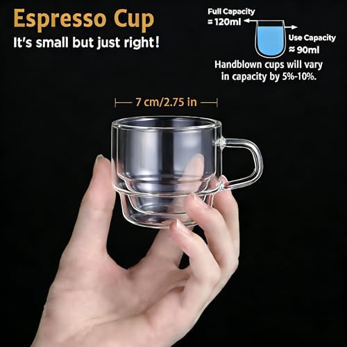 glastal Stackable Glass Cups 4 oz Espresso Cups Double Walled Set of 4 - Image 4