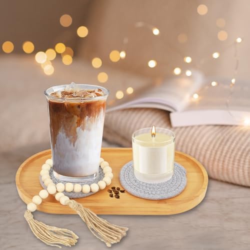 Wooden Candle Tray Holder 14 * 7 * 0.8 Inch Elliptical Decorative Serving Trays for Coffee Table Centerpiece Home Decor Wood Table Tray for Kitchen Counter with Beads Decor and 2 Coasters - Image 5