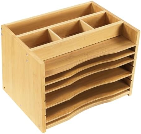 WKWKER 5-Tiers Bamboo File Organizer Paper Organizer Mail Sorter Document Letter Trays Desk Organizer with 4 Dividers for Office Home Study Desk Storage (Natural Color) by WKWKER