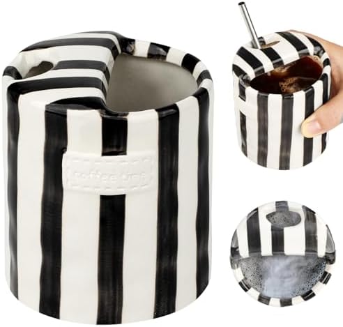 Novelty Ceramic Coffee Mug with Sip Hole, Retro Striped Hand-Painted Design by Suteng