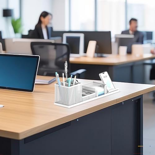 Pen Holder for Desk, 6-Piece Mesh Desk Organizer with Phone Holder, White - Image 6
