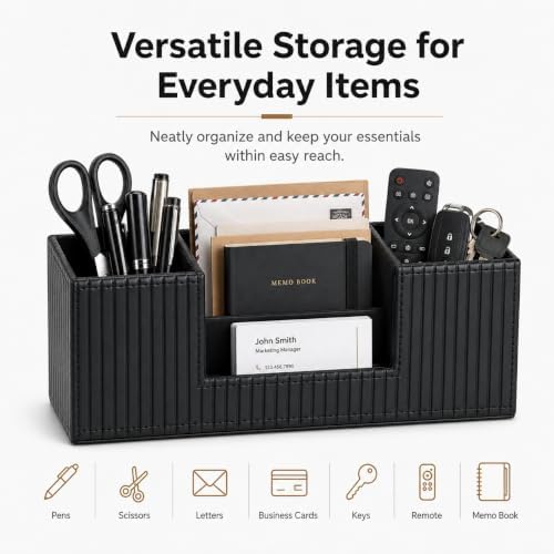 GORESE Pen Holder for Desk, PU Leather Desk Organizer for Office, Black - Image 7