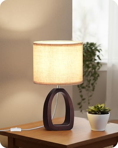 Small Table Lamp, 14.2" Cute Little Desk Lamp, Wood Bedside Lamp with Beige Linen Lampshade & Dark Walnut Base, Modern Nightstand Lamp for Bedroom, E26 Base, Bulb Not Included, STE07TL05 by GOEBLESON