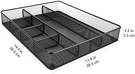 Amazon Basics Metal Mesh Desk Organizer with 6 Compartments, Anti-Slip Pen Holder Storage Tray for Office Supplies and Home, Black - Image 4