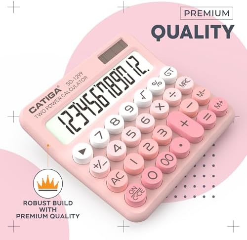 CATIGA Mechanical Switch Calculator with Solar and Battery Dual Power, 12-Digit Large LCD Display, Aesthetic and Cute Desktop Calculator with Big Button, for Home, School and Office Use, SD-1299 - Image 2
