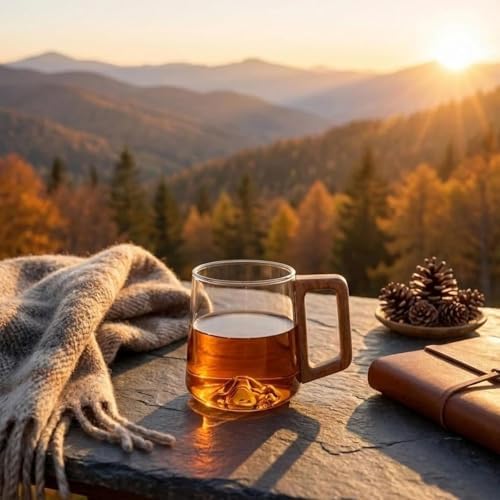 Gray Glass Slanted Coffee Cups with Wooden Handle, 15.2oz Wonder Mountain Bottom Wood Handle Cup, Hot & Cold Drinks Vintage Style Wood Handle Mug for Coffee& Tea Lovers(Clear,1pc) - Image 6