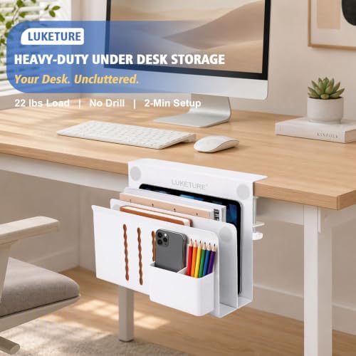 LUKETURE Desk Side Storage, 2 Tier Under Desk Laptop Mount with Pen Slot - Image 4
