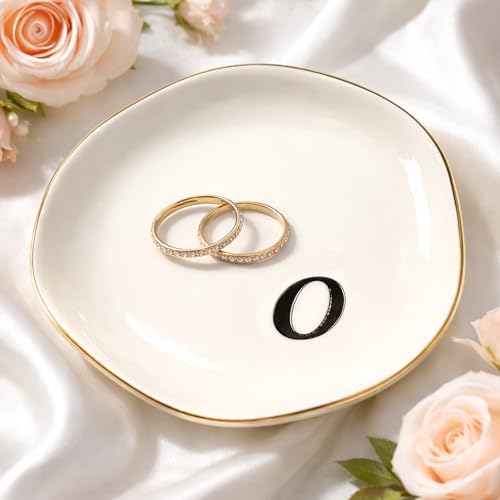 Initial Ring Dish - White Ceramic Jewelry Tray for Nightstand & Sink, Anti-Loss Trinket Organizer, Meaningful Engagement or Birthday Gift for Women, Sister, Friends (Letter O) by Unknown
