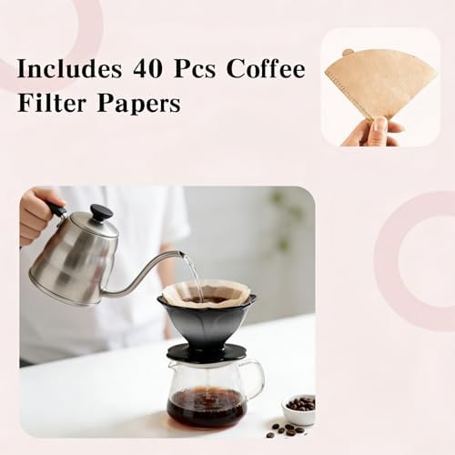 Premium Ceramic Pour Over Coffee Dripper，Includes 40pcs Coffee Filter Papers, suitable for home and travel, Flower Petal Dripper（Gradient Black） (Gradient Black) - Image 5