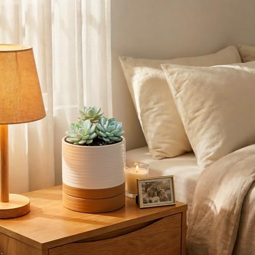 HASENSE 6 Inch Indoor Plant Pot, Ceramic Flower Planter with Drainage Hole and Saucer, Modern Pots for Plant with Two-Tone Design, Perfect for Wedding Birthday Gift, White-Brown - Image 5