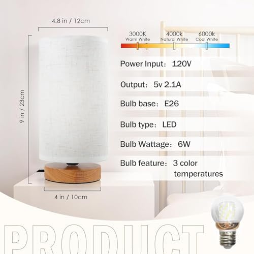 3-Color Adjustable Bedside Table Lamp for Bedroom,Minimalist Wood Base&Round Fabric Shade,Cozy Lighting Nightstand Boho Lamp,Study Reading Desk Night Stand Light for Living Room,Office,kitchen,Nursery - Image 5