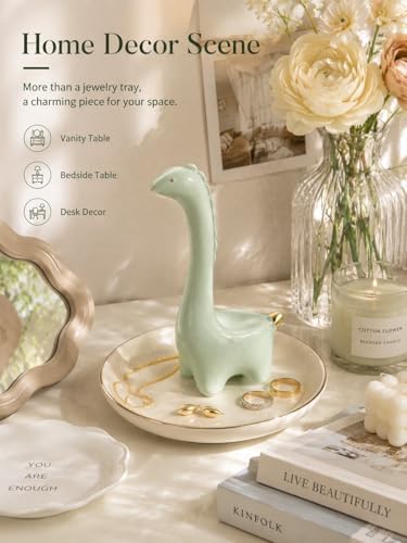 Ring Holder Dinosaur Jewelry Dish, Ceramic Dino Trinket Tray for Rings Earrings Necklace Bracelet, Animal Organizer for Vanity Nightstand Bathroom - Image 3