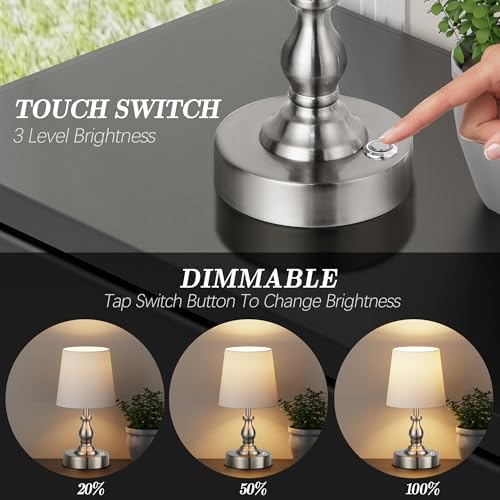 PARTPHONER Mini Cordless LED Table Lamp, 5200mAh Rechargeable Battery Operated Lamp, 3-Level Brightness, Touch Dimmable Desk Lamp, Bedside Night Light for Patio Camping Restaurant Home, Brushed Nickel - Image 2