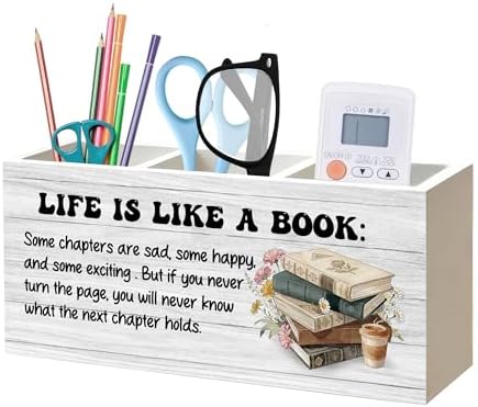 Inspirational Book Lover Gifts Pen Pencil Holder Organizer for Home Office Classroom Desk Accessories, Reader Gifts, Bookish Wood Signs for Reading Nook Corner Room Desk Tabletop Decor by Unknown