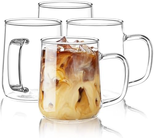 Glass Coffee Mugs, 14 oz Glass Coffee Cups Set of 4, Clear Borosilicate Glass Mugs with Handles for Cappuccino, Tea, Latte, Hot/Cold Beverages, Wine, Americano by Unknown